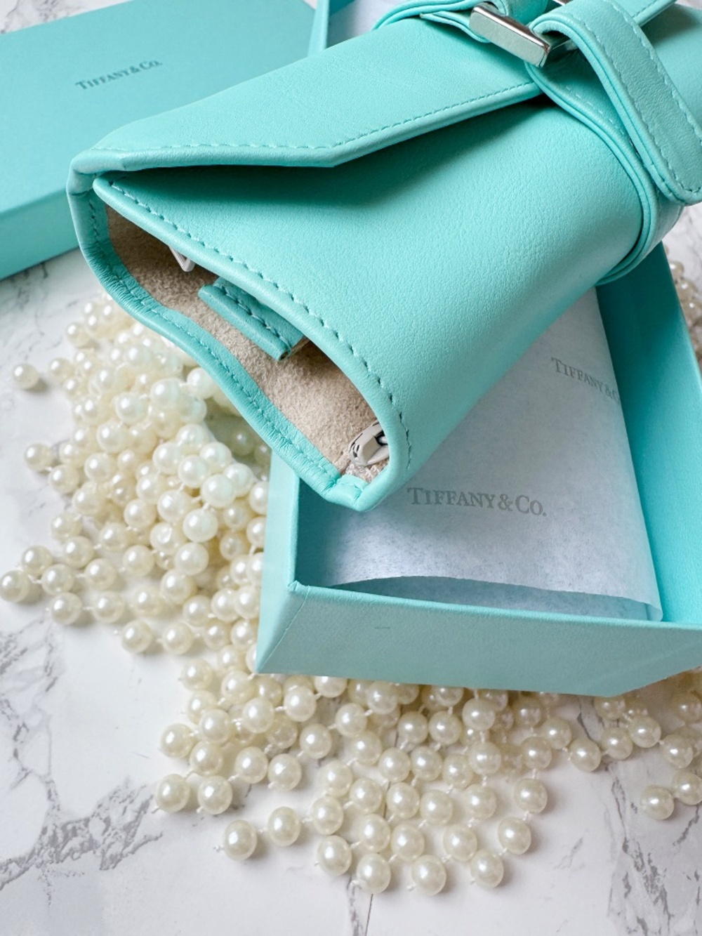 TIFFANY & Co. jewelry roll travel case Tiffany Blue leather small accessory ring - Picture 11 of 14
